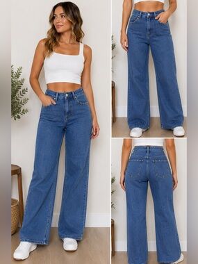 Joe Fresh High Rise Wide Leg Jeans Women’s Size 26 Blue Studded Pocket Wide Leg